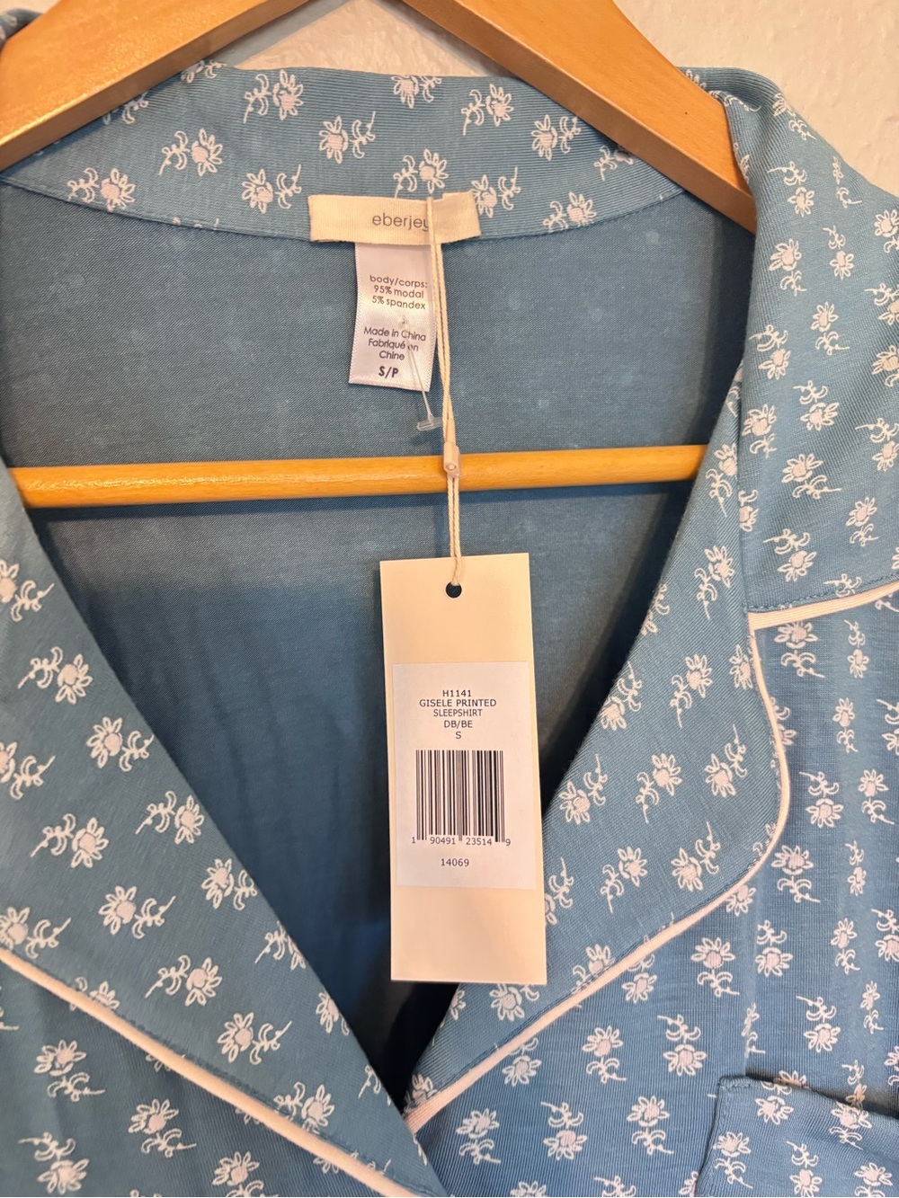 Eberjey Blue Floral-Print Long Pajama Shirt with White Piping - Picture 3 of 4